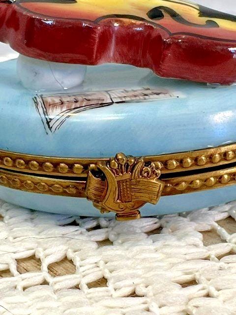 Limoges france violin on blue pillow porcelain trinket box, peint main rochard