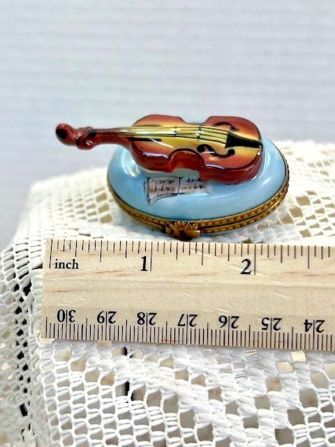 Limoges france violin on blue pillow porcelain trinket box, peint main rochard