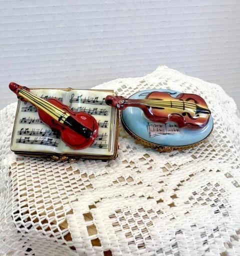 Limoges france violin duo porcelain trinket box set, peint main