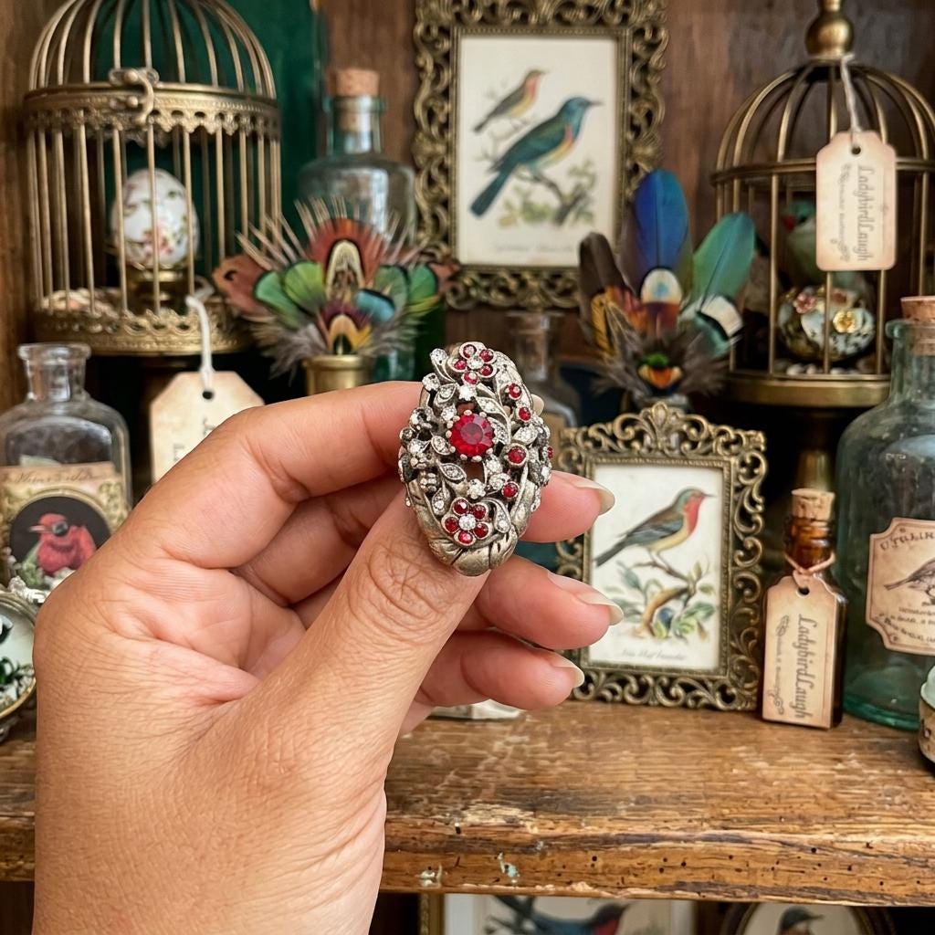 Vintage Filigree Ring: Red Rhinestones, Silver-Tone, Ornate Floral Statement, Adjustable Band