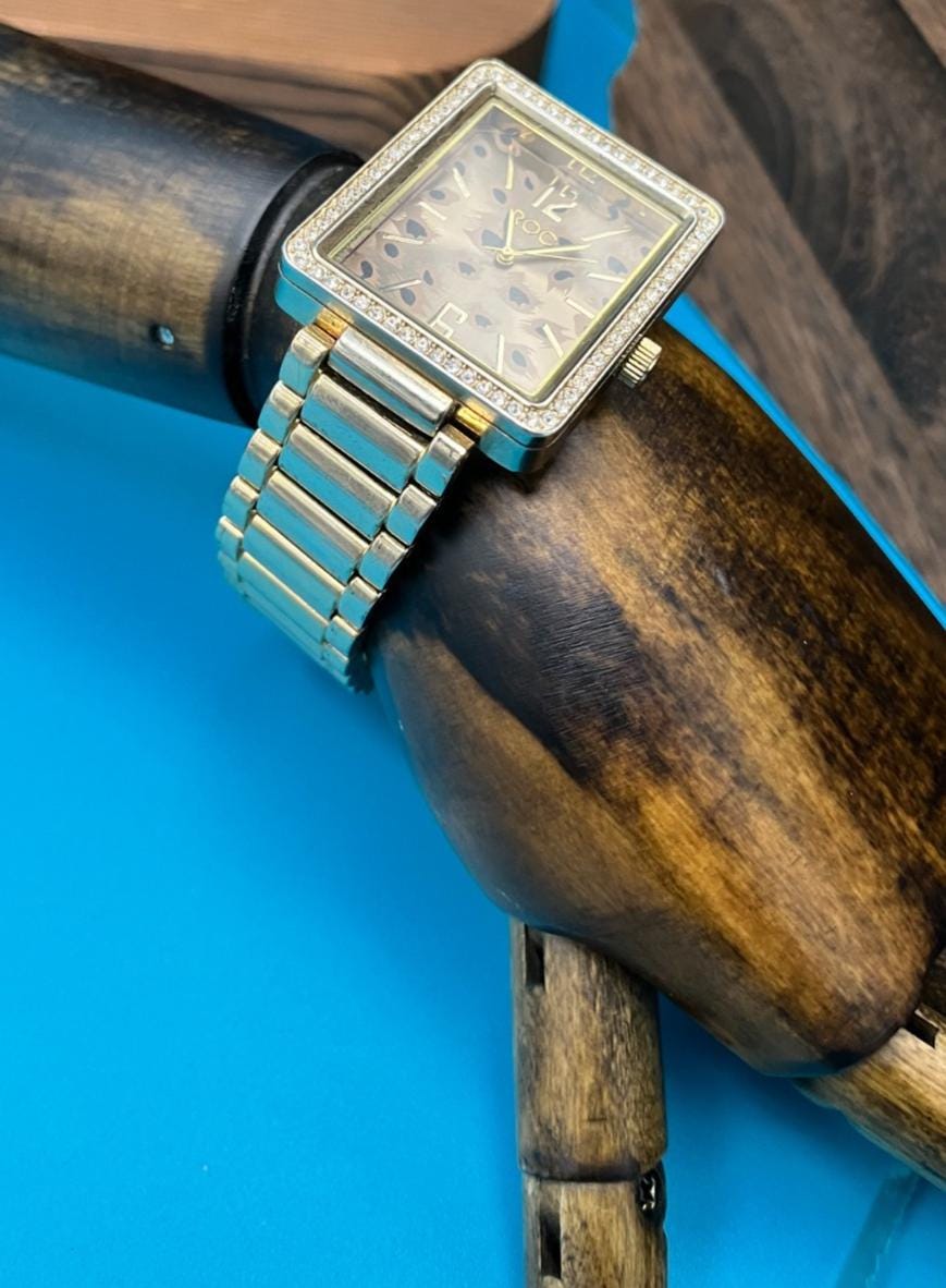 ROC Rectangular Watch Leopard Print Dial Crystal Bezel gold Tone Quartz -Vintage Early 2000's
