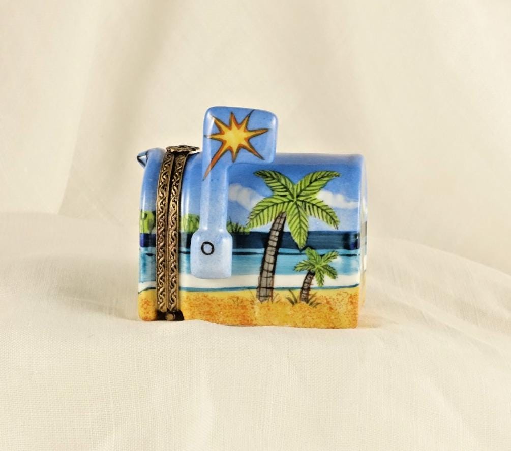 Limoges France Beach Mailbox Trinket Box Tropical Coastal Scene Limited Edition