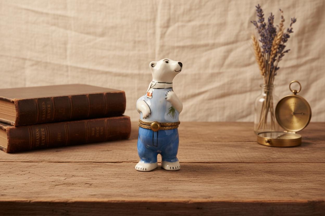 Limoges france polar bear in blue jeans trinket box hand painted porcelain