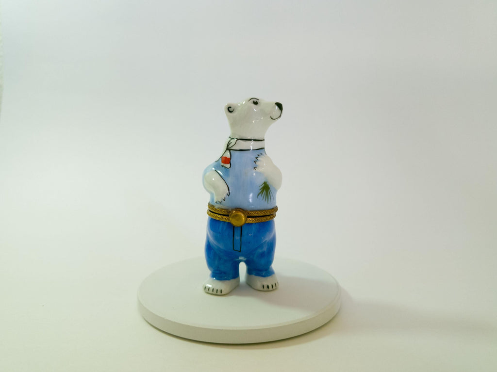 Limoges france polar bear in blue jeans trinket box hand painted porcelain
