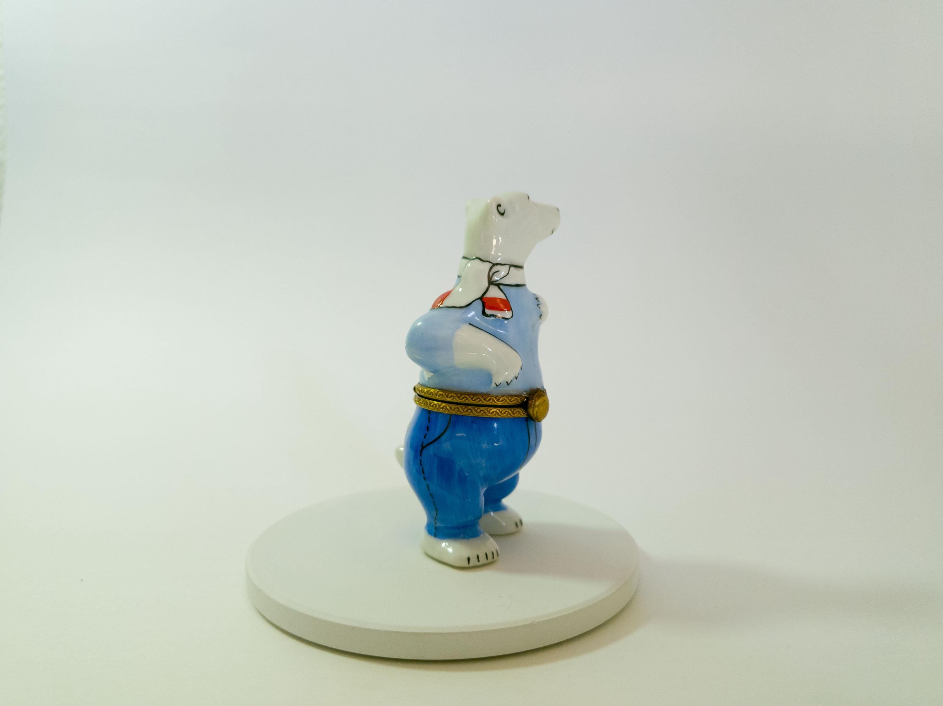 Limoges france polar bear in blue jeans trinket box hand painted porcelain