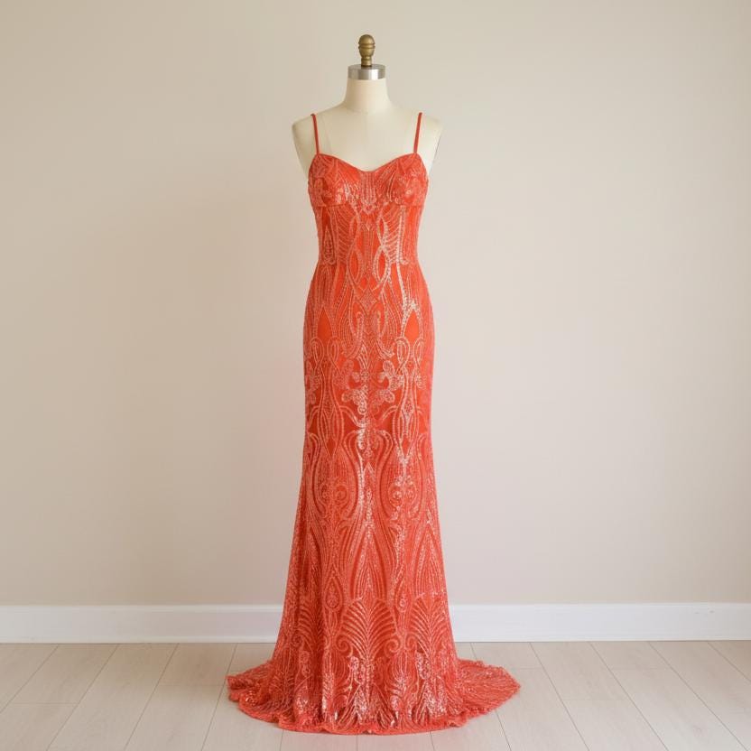 Morgan & co 1745 neon orange sequin prom dress