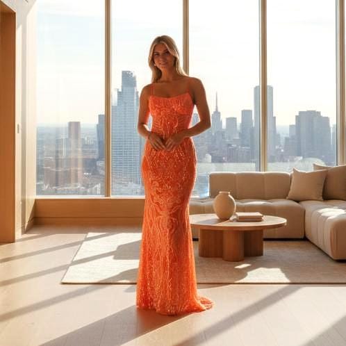 Morgan & co 1745 neon orange sequin prom dress