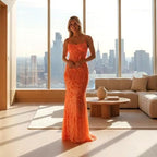Morgan & co 1745 neon orange sequin prom dress