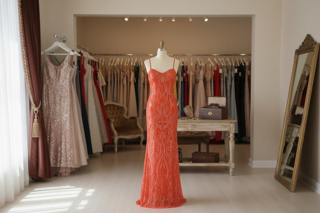Morgan & co 1745 neon orange sequin prom dress