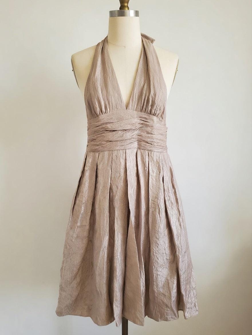 Adrianna papell champagne metallic shimmer halter cocktail dress