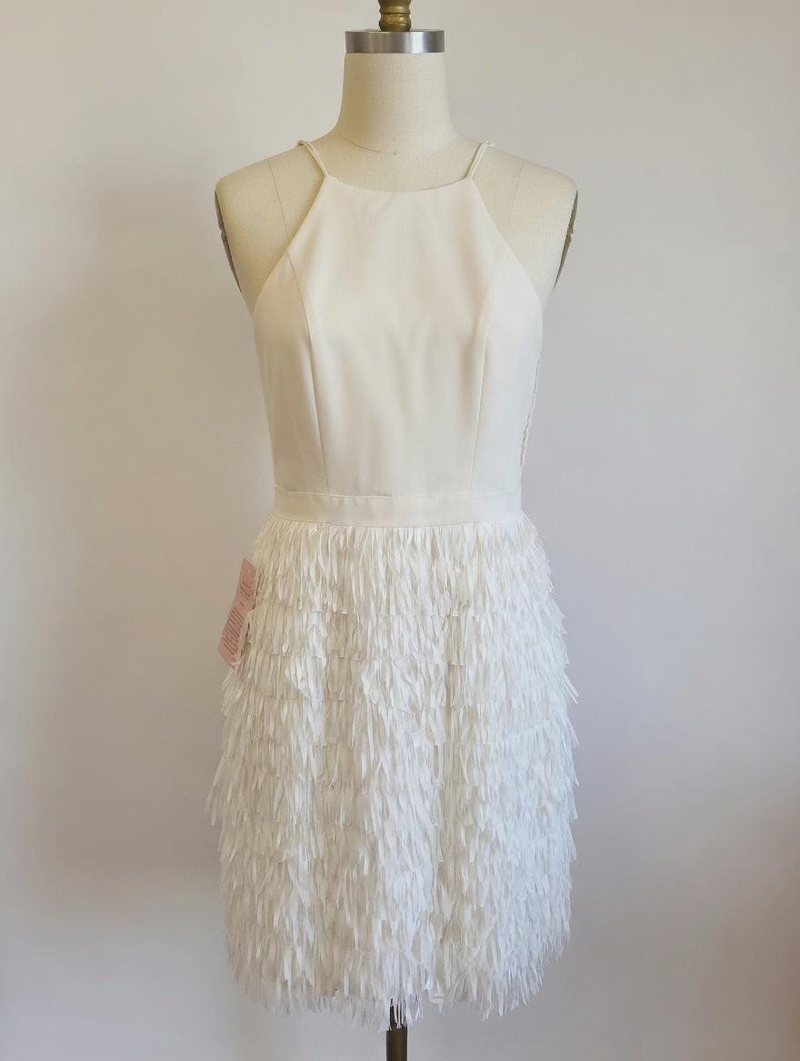 Aidan mattox white sleeveless fringe trim dress