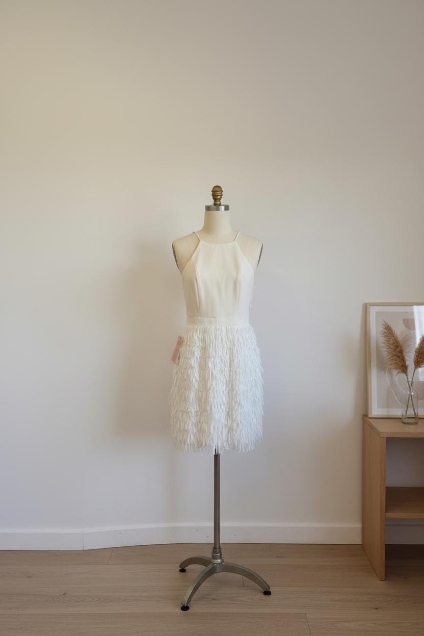 Aidan mattox white sleeveless fringe trim dress