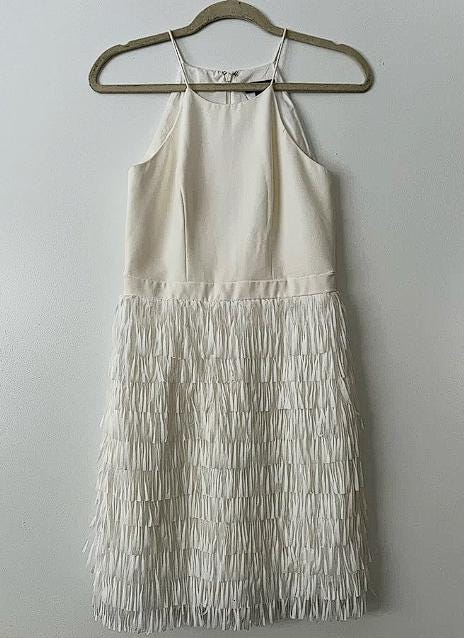 Aidan mattox white sleeveless fringe trim dress
