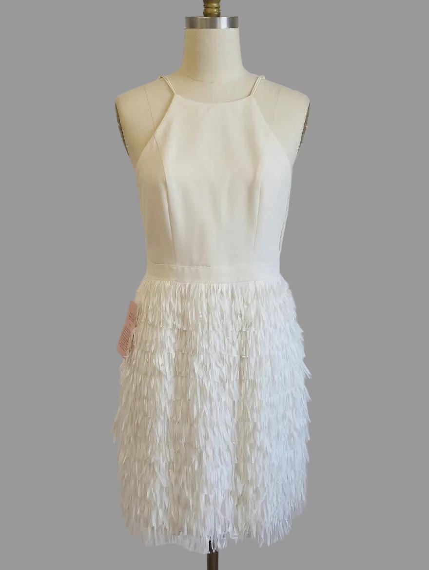 Aidan mattox white sleeveless fringe trim dress