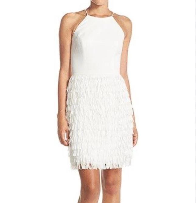 Aidan mattox white sleeveless fringe trim dress