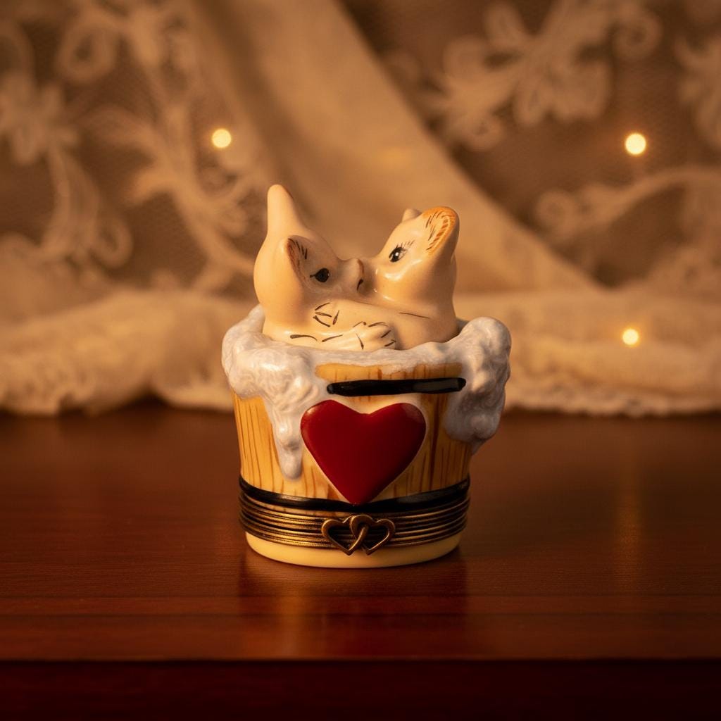 Limoges France Valentine Pigs in Bathtub Trinket Box Hand Painted Porcelain