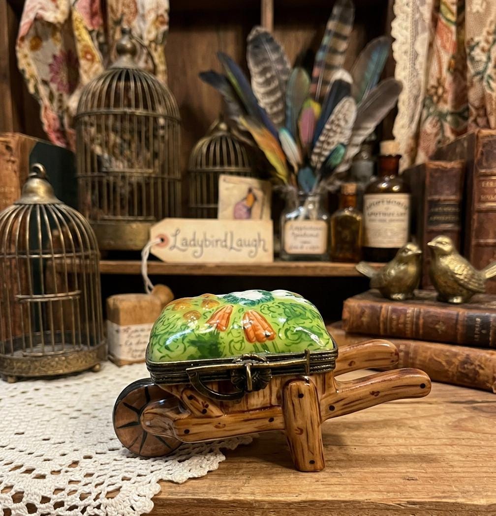Sweet Limoges  Brown Wheelbarrow  filled with Veggies