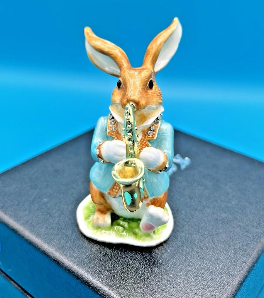 Keren Kopal Bunny Playing Saxophone Trinket Box Austrian Crystals