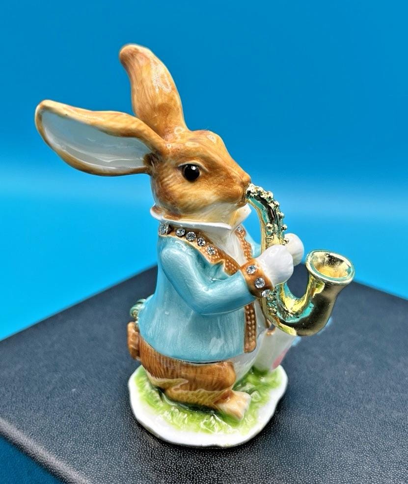 Keren Kopal Bunny Playing Saxophone Trinket Box Austrian Crystals