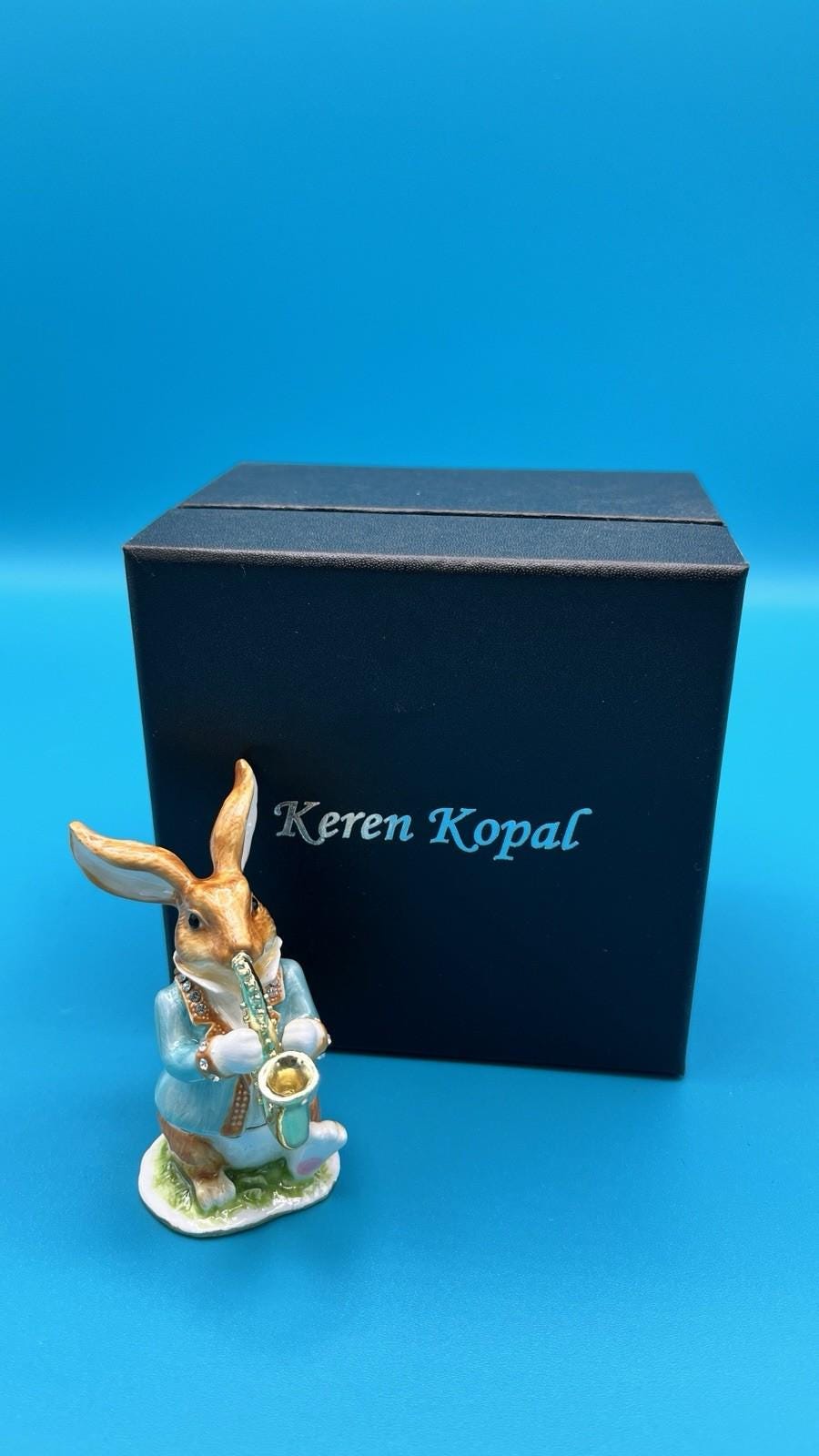 Keren Kopal Bunny Playing Saxophone Trinket Box Austrian Crystals