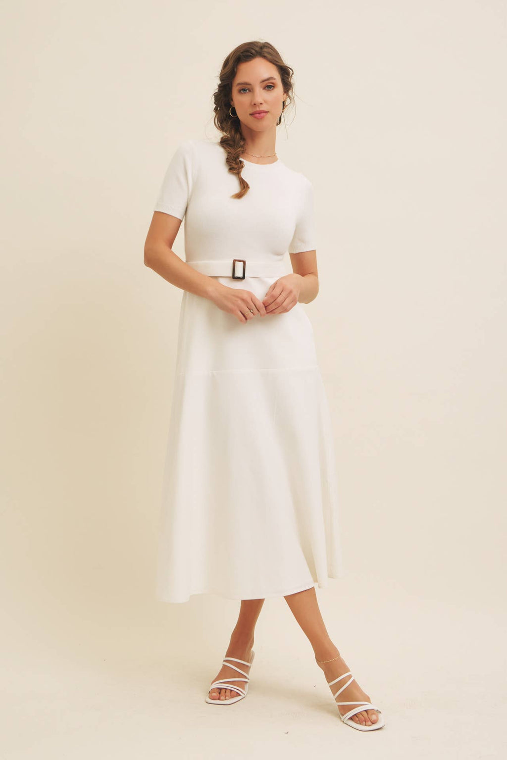 DELANEY- Super Soft White Mixed Media Sweater Midi Dres with Belt