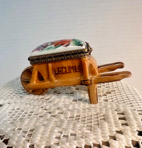 Limoges Trinket Box - Light brown Legumes wheel barrel with snail snap