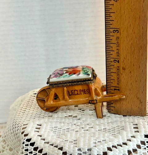 Limoges Trinket Box - Light brown Legumes wheel barrel with snail snap