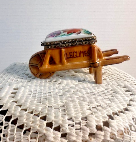 Limoges Trinket Box - Light brown Legumes wheel barrel with snail snap