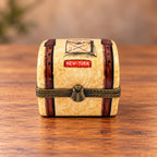 Vintage Parry Vieille Limoges France suitcase trinket box, hand painted New York Paris travel trunk