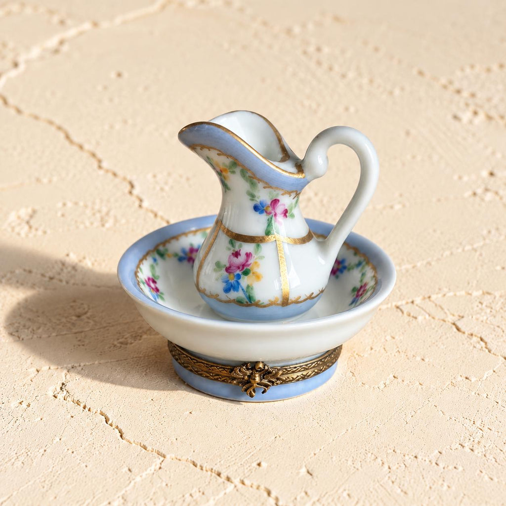 Vintage Limoges France hand painted pitcher and basin trinket box, floral porcelain vanity set
