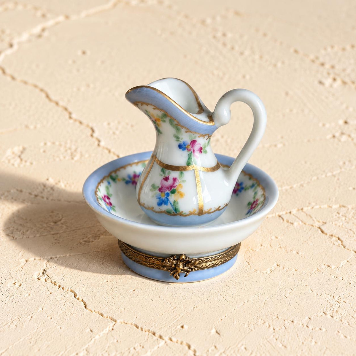 Vintage Limoges France hand painted pitcher and basin trinket box, floral porcelain vanity set