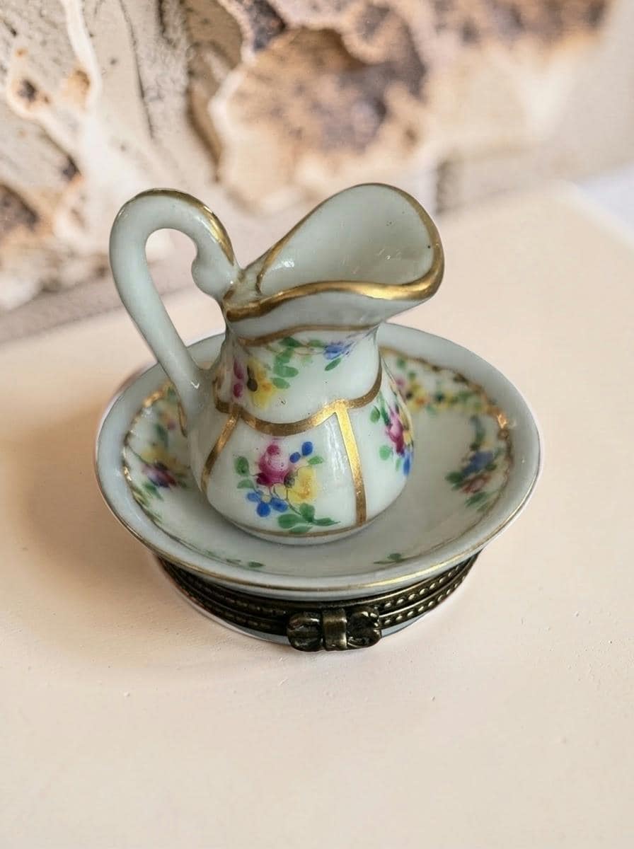 Vintage Limoges France hand painted pitcher and basin trinket box, floral porcelain vanity set