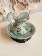 Vintage Limoges France hand painted pitcher and basin trinket box, floral porcelain vanity set