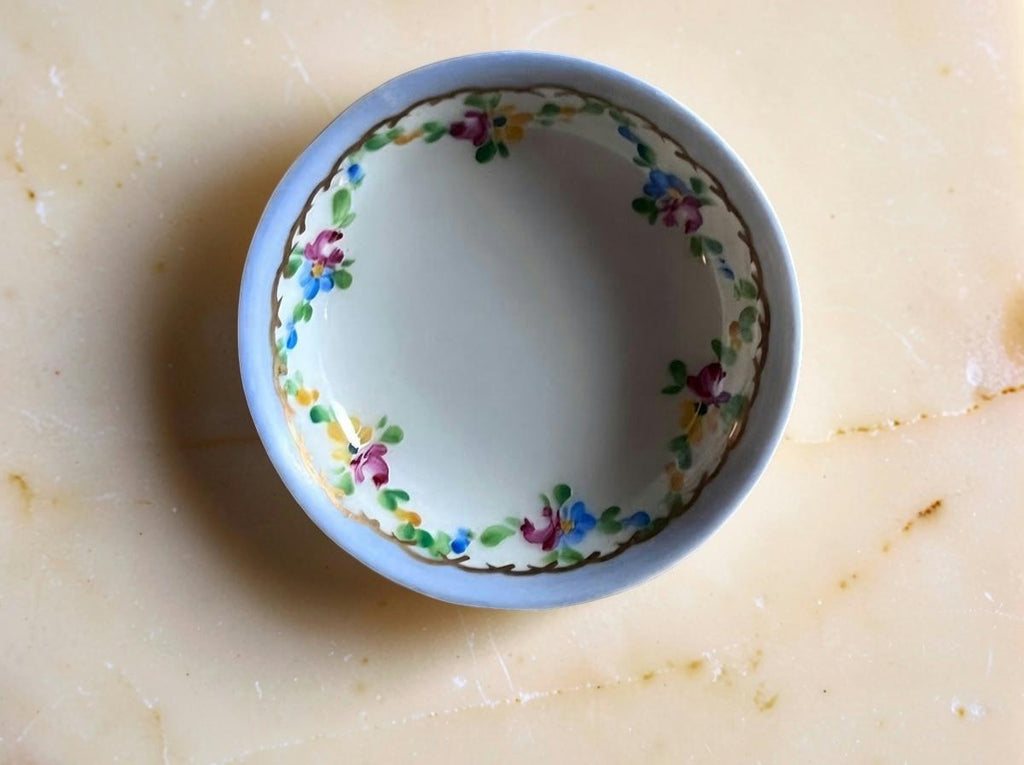 Vintage Limoges France hand painted pitcher and basin trinket box, floral porcelain vanity set