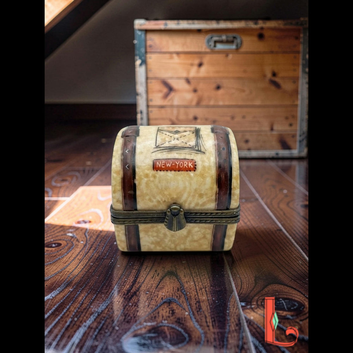 Vintage Parry Vieille Limoges France suitcase trinket box, hand painted New York Paris travel trunk