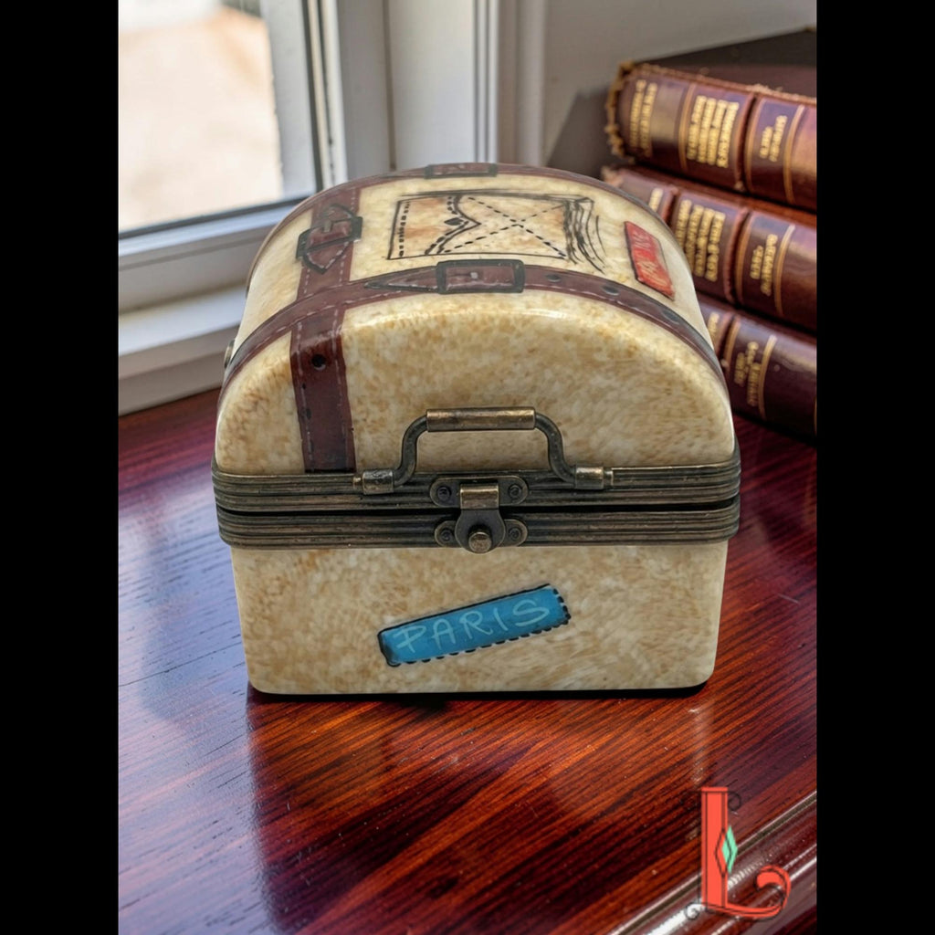 Vintage Parry Vieille Limoges France suitcase trinket box, hand painted New York Paris travel trunk
