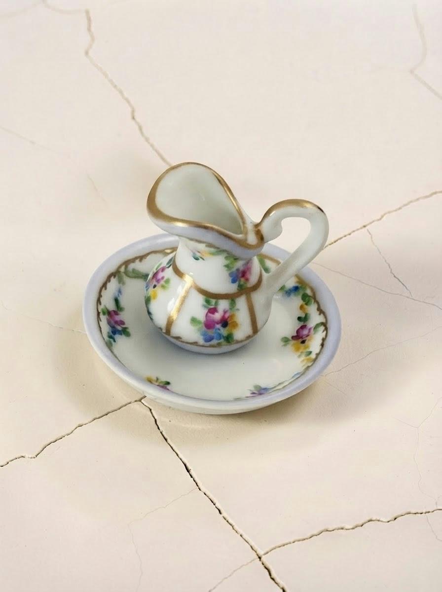 Vintage Limoges France hand painted pitcher and basin trinket box, floral porcelain vanity set