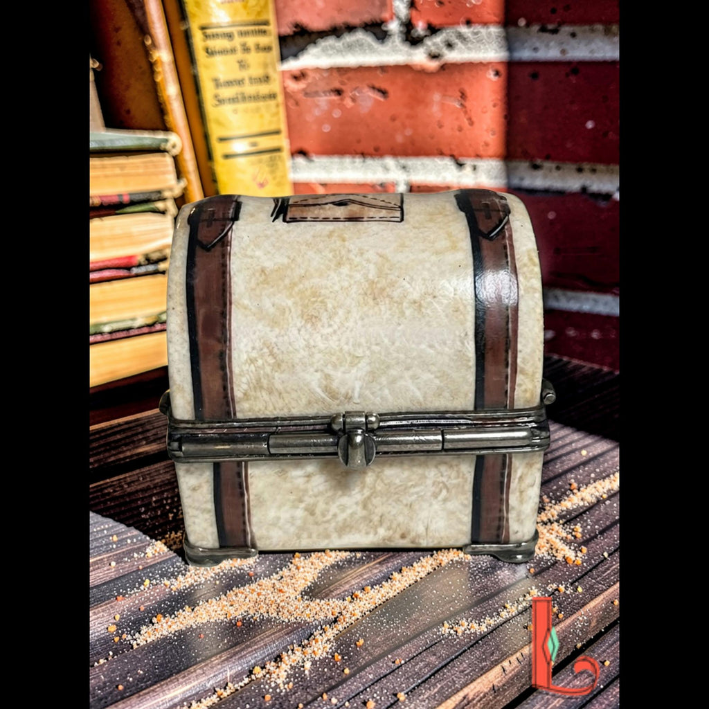 Vintage Parry Vieille Limoges France suitcase trinket box, hand painted New York Paris travel trunk