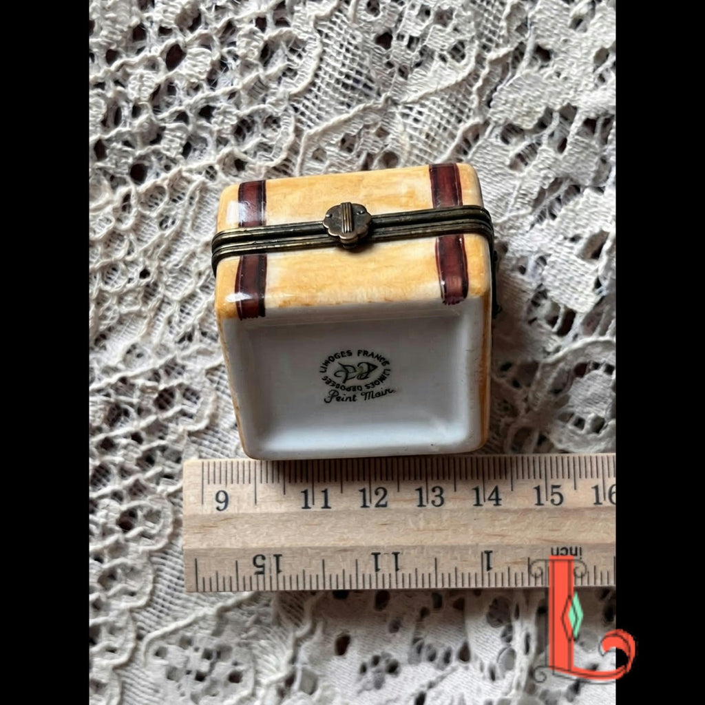 Vintage Parry Vieille Limoges France suitcase trinket box, hand painted New York Paris travel trunk