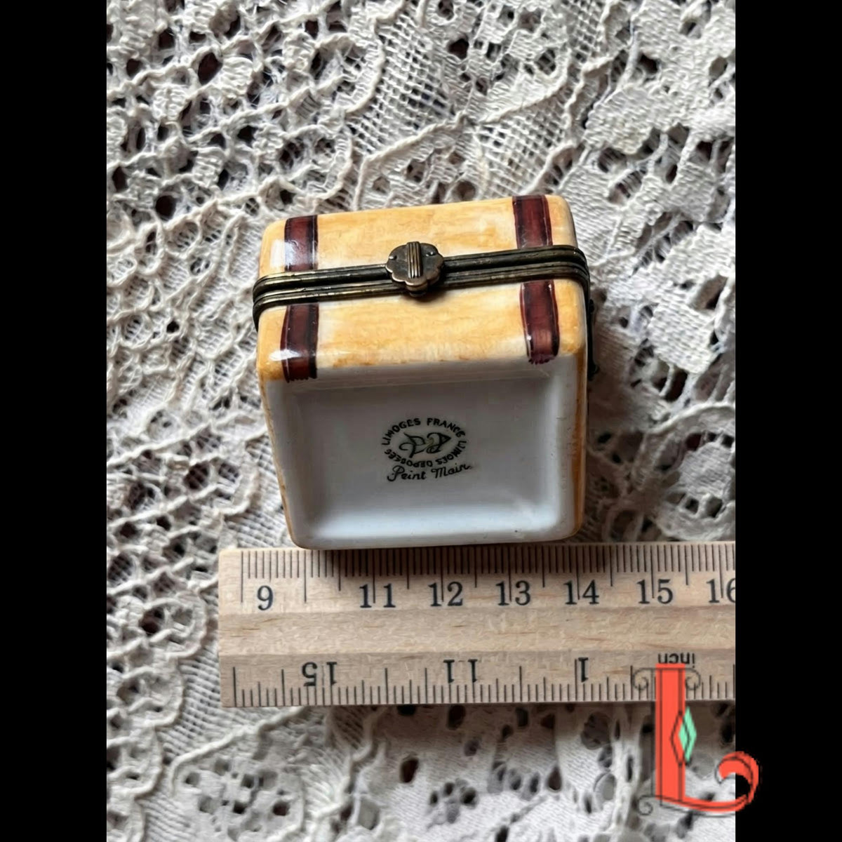 Vintage Parry Vieille Limoges France suitcase trinket box, hand painted New York Paris travel trunk