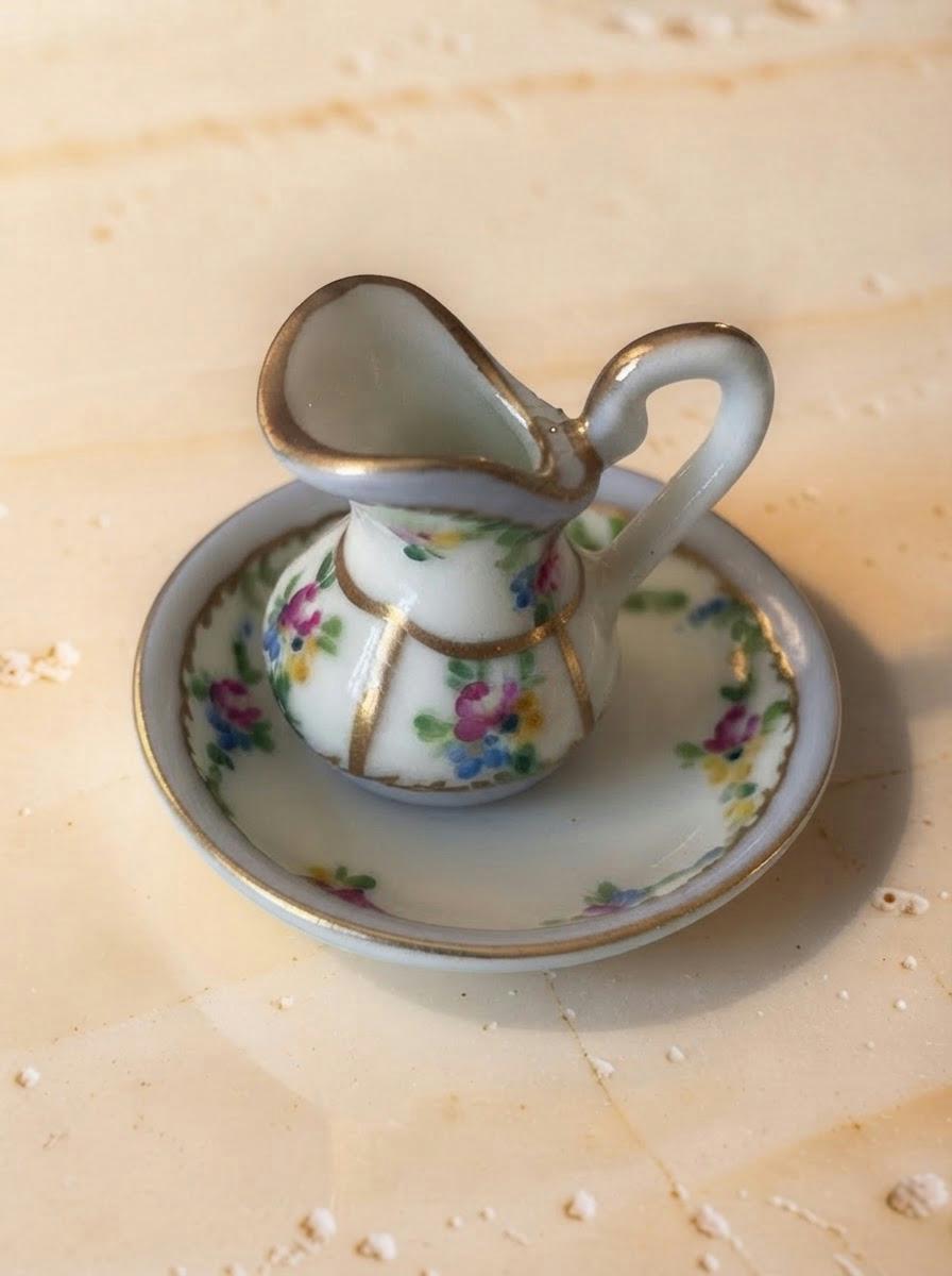 Vintage Limoges France hand painted pitcher and basin trinket box, floral porcelain vanity set