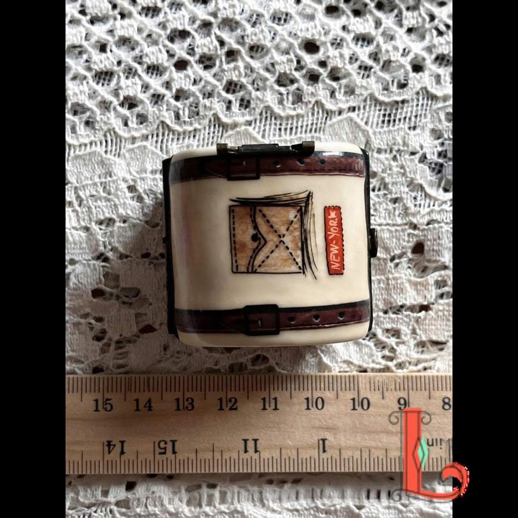 Vintage Parry Vieille Limoges France suitcase trinket box, hand painted New York Paris travel trunk