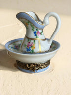 Vintage Limoges France hand painted pitcher and basin trinket box, floral porcelain vanity set
