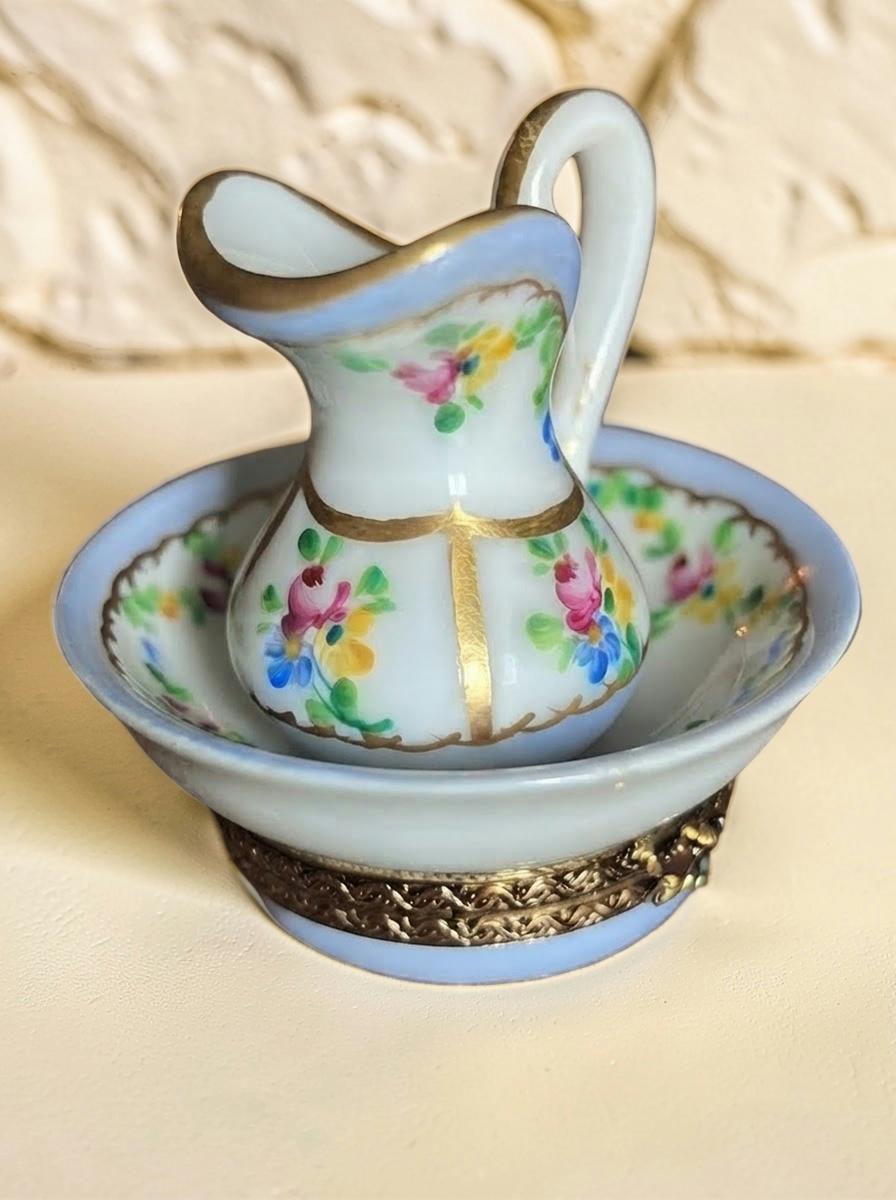 Vintage Limoges France hand painted pitcher and basin trinket box, floral porcelain vanity set