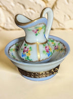 Vintage Limoges France hand painted pitcher and basin trinket box, floral porcelain vanity set
