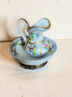 Vintage Limoges France hand painted pitcher and basin trinket box, floral porcelain vanity set