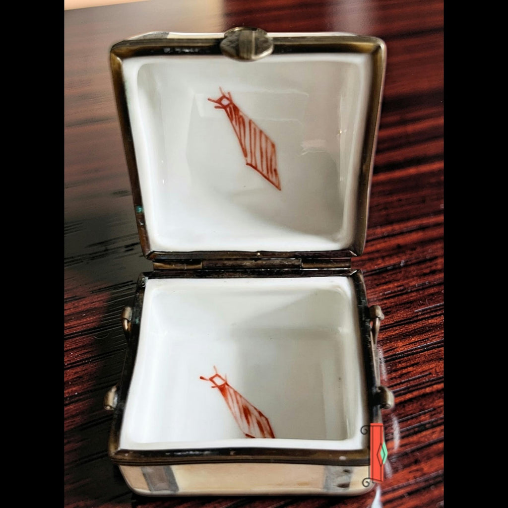Vintage Parry Vieille Limoges France suitcase trinket box, hand painted New York Paris travel trunk