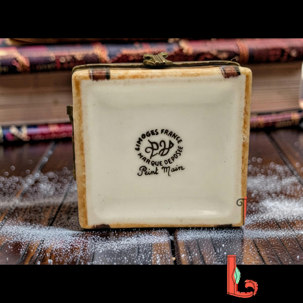 Vintage Parry Vieille Limoges France suitcase trinket box, hand painted New York Paris travel trunk