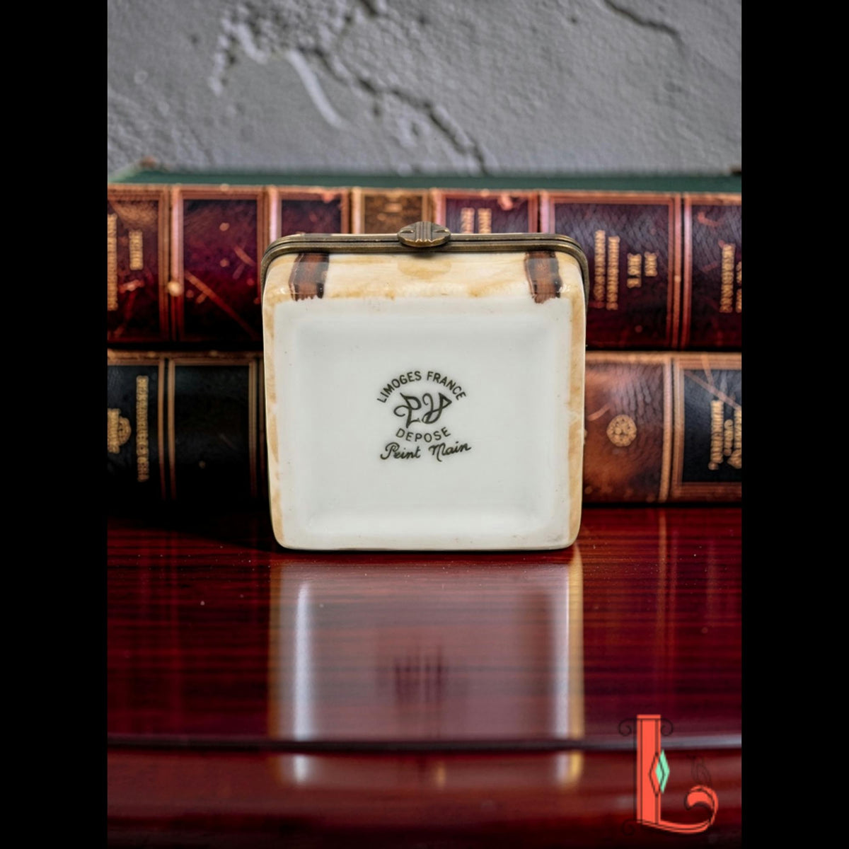 Vintage Parry Vieille Limoges France suitcase trinket box, hand painted New York Paris travel trunk