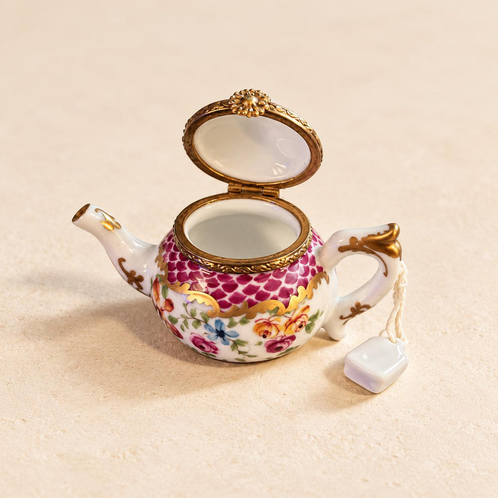 Vintage Rochard Limoges teapot trinket box, hand-painted floral porcelain box